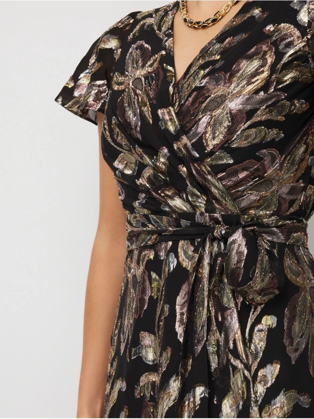 White House Black Market Black Metallic Floral Wrap Midi Dress - Picture 3 of 4